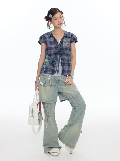 Fake Two-Piece Printed Rhinestone Slimming Washed Pants【s0000017781】