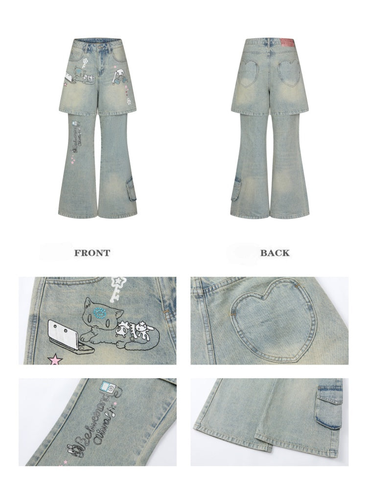 Fake Two-Piece Printed Rhinestone Slimming Washed Pants【s0000017781】