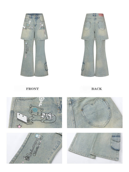 Fake Two-Piece Printed Rhinestone Slimming Washed Pants【s0000017781】