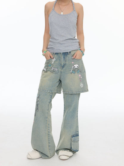 Fake Two-Piece Printed Rhinestone Slimming Washed Pants【s0000017781】