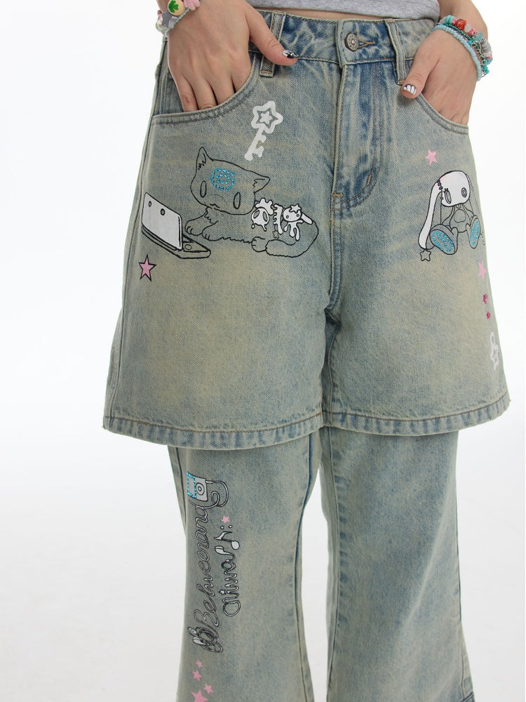 Fake Two-Piece Printed Rhinestone Slimming Washed Pants【s0000017781】