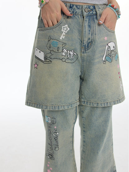 Fake Two-Piece Printed Rhinestone Slimming Washed Pants【s0000017781】