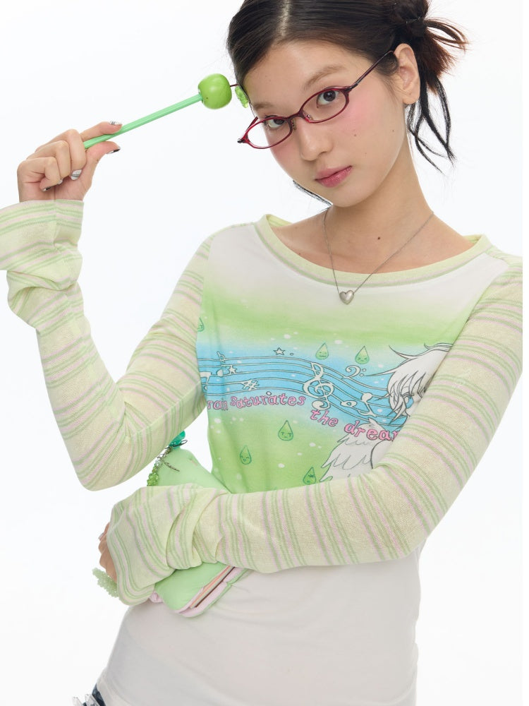 Green Note Striped Contrasting Shoulder Length Shirt【s0000017783】