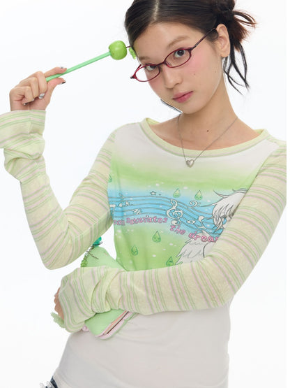 Green Note Striped Contrasting Shoulder Length Shirt【s0000017783】