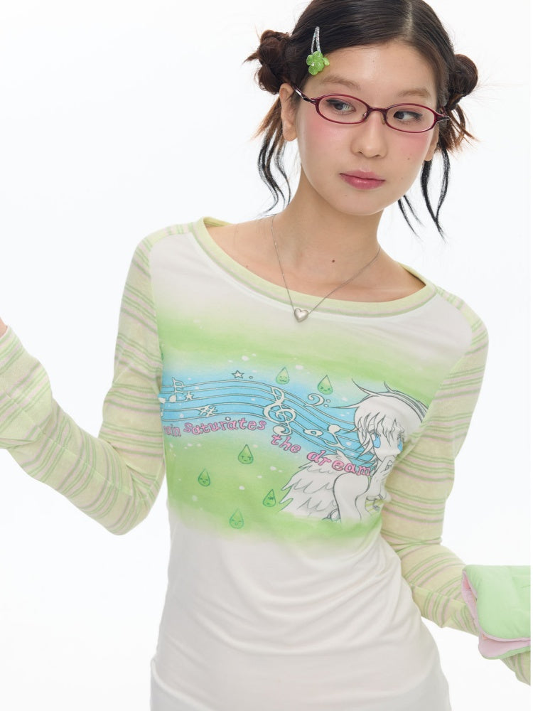 Green Note Striped Contrasting Shoulder Length Shirt【s0000017783】