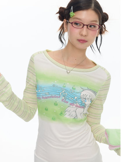 Green Note Striped Contrasting Shoulder Length Shirt【s0000017783】