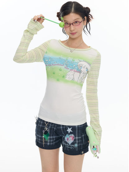 Green Note Striped Contrasting Shoulder Length Shirt【s0000017783】
