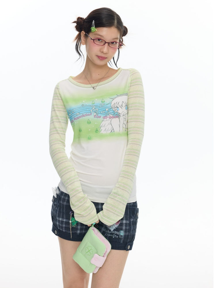 Green Note Striped Contrasting Shoulder Length Shirt【s0000017783】