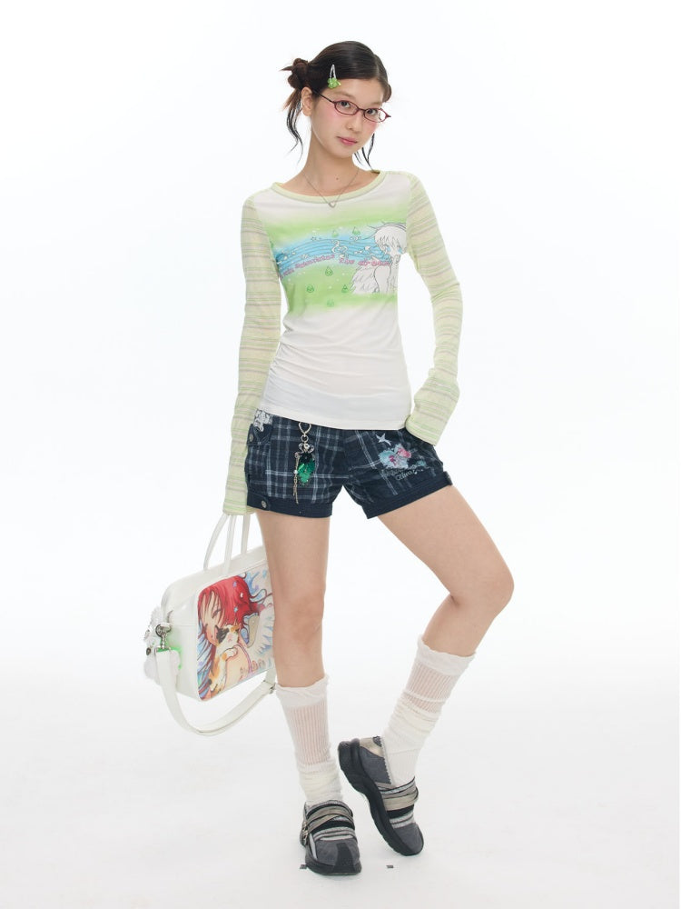 Green Note Striped Contrasting Shoulder Length Shirt【s0000017783】