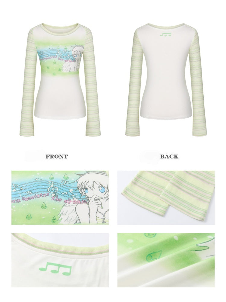 Green Note Striped Contrasting Shoulder Length Shirt【s0000017783】