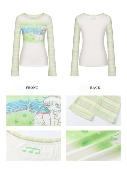 Green Note Striped Contrasting Shoulder Length Shirt【s0000017783】