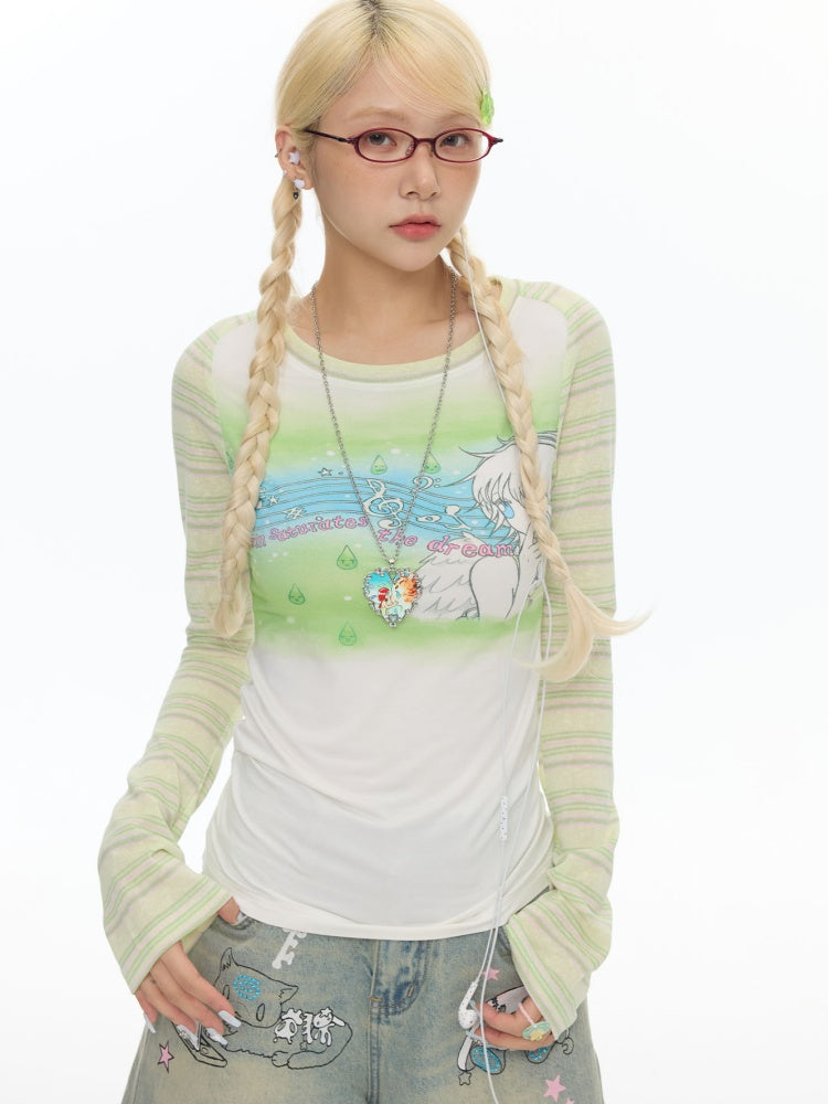 Green Note Striped Contrasting Shoulder Length Shirt【s0000017783】