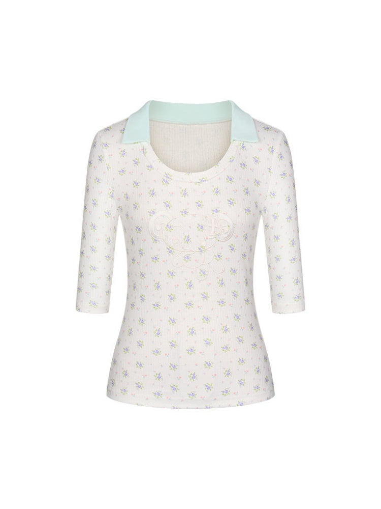 Jacquard Knitted Color-Blocked Floral Mint Green Embroidered Mid-Sleeve Tops【s0000017784】