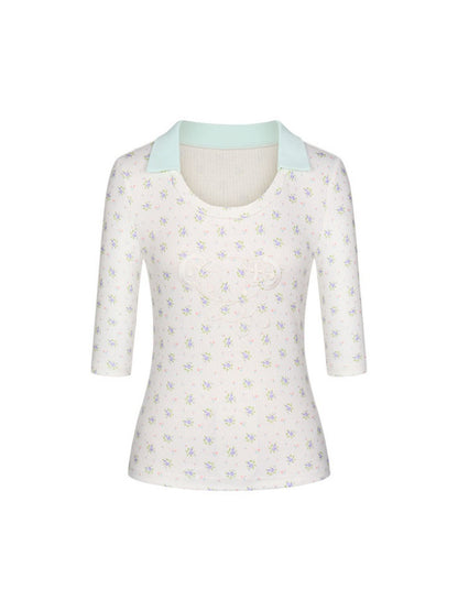 Jacquard Knitted Color-Blocked Floral Mint Green Embroidered Mid-Sleeve Tops【s0000017784】
