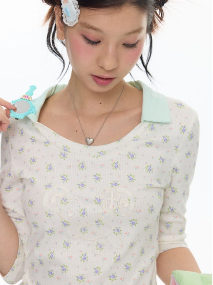 Jacquard Knitted Color-Blocked Floral Mint Green Embroidered Mid-Sleeve Tops【s0000017784】