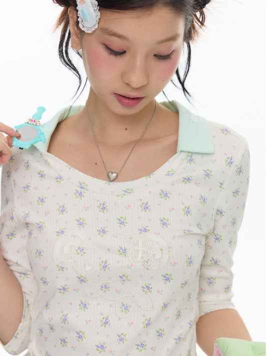 Jacquard Knitted Color-Blocked Floral Mint Green Embroidered Mid-Sleeve Tops【s0000017784】
