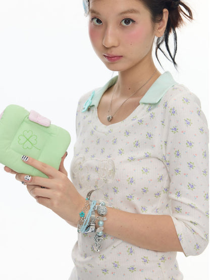 Jacquard Knitted Color-Blocked Floral Mint Green Embroidered Mid-Sleeve Tops【s0000017784】