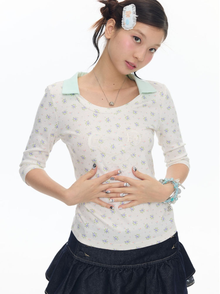 Jacquard Knitted Color-Blocked Floral Mint Green Embroidered Mid-Sleeve Tops【s0000017784】