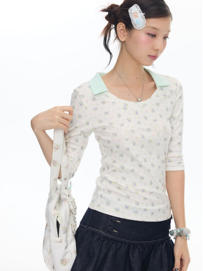 Jacquard Knitted Color-Blocked Floral Mint Green Embroidered Mid-Sleeve Tops【s0000017784】