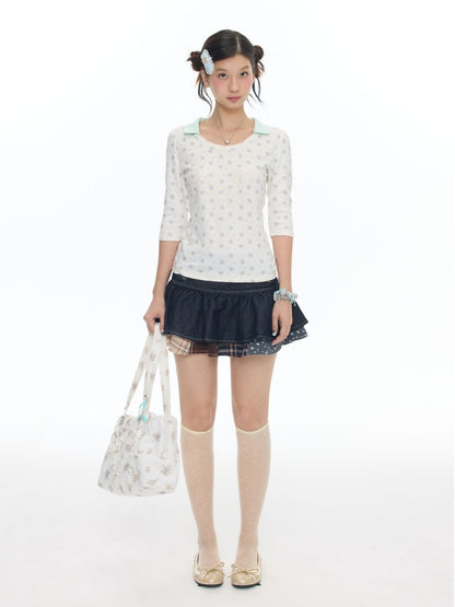 Jacquard Knitted Color-Blocked Floral Mint Green Embroidered Mid-Sleeve Tops【s0000017784】