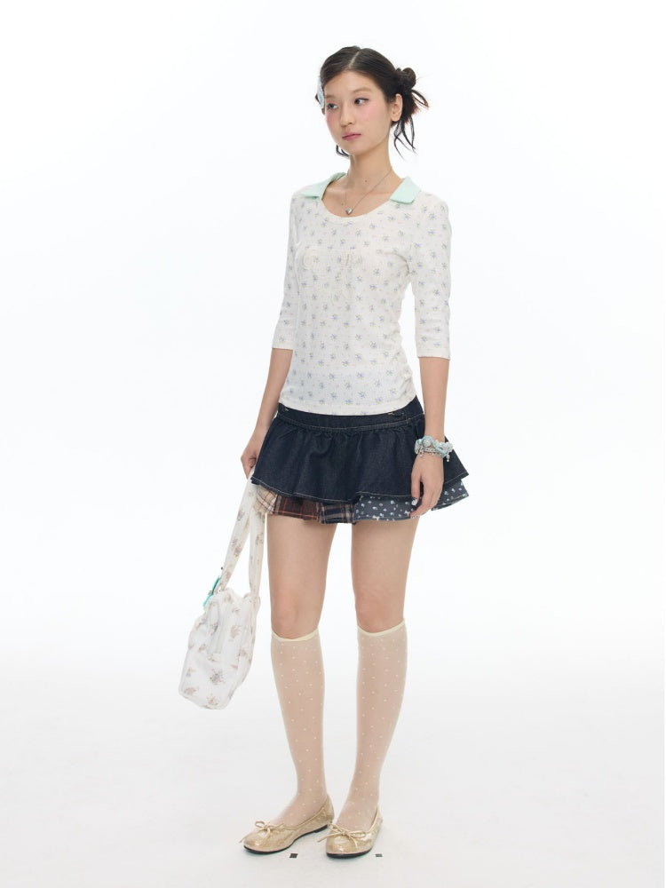 Jacquard Knitted Color-Blocked Floral Mint Green Embroidered Mid-Sleeve Tops【s0000017784】