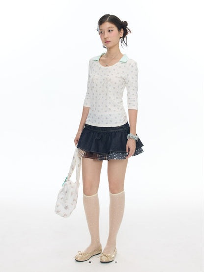 Jacquard Knitted Color-Blocked Floral Mint Green Embroidered Mid-Sleeve Tops【s0000017784】