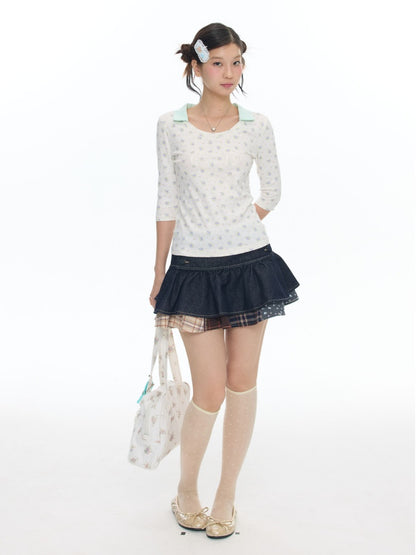 Jacquard Knitted Color-Blocked Floral Mint Green Embroidered Mid-Sleeve Tops【s0000017784】