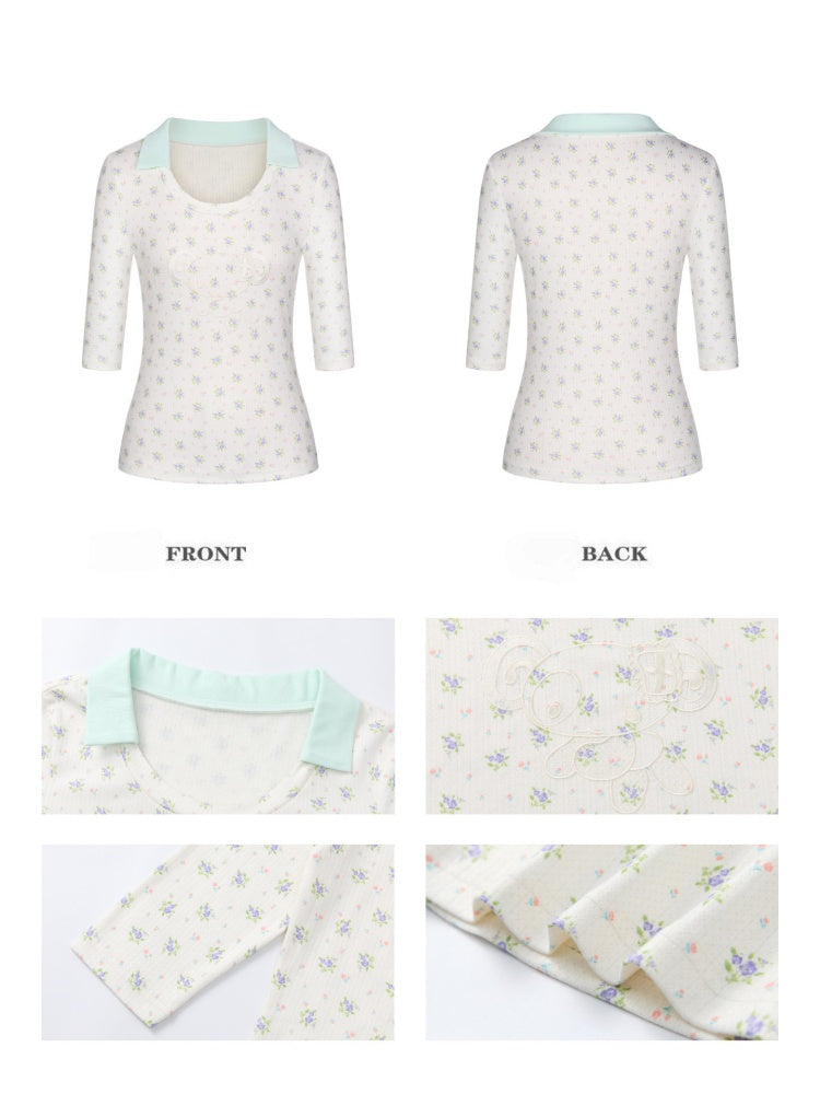 Jacquard Knitted Color-Blocked Floral Mint Green Embroidered Mid-Sleeve Tops【s0000017784】