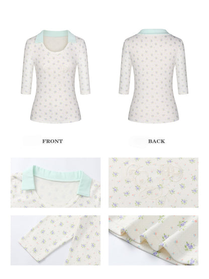 Jacquard Knitted Color-Blocked Floral Mint Green Embroidered Mid-Sleeve Tops【s0000017784】