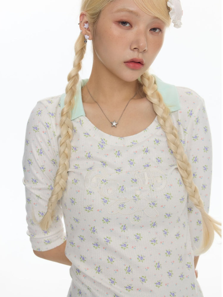 Jacquard Knitted Color-Blocked Floral Mint Green Embroidered Mid-Sleeve Tops【s0000017784】
