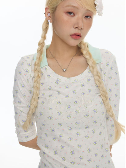 Jacquard Knitted Color-Blocked Floral Mint Green Embroidered Mid-Sleeve Tops【s0000017784】