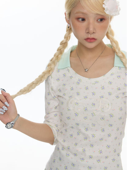 Jacquard Knitted Color-Blocked Floral Mint Green Embroidered Mid-Sleeve Tops【s0000017784】