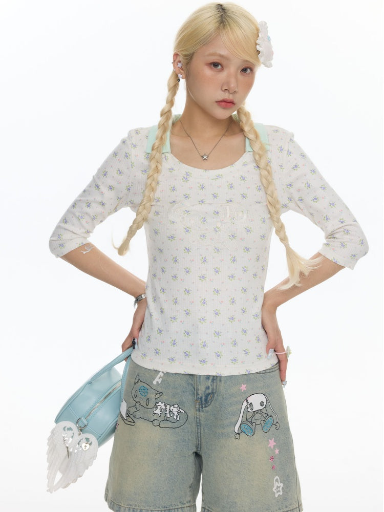 Jacquard Knitted Color-Blocked Floral Mint Green Embroidered Mid-Sleeve Tops【s0000017784】
