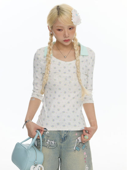 Jacquard Knitted Color-Blocked Floral Mint Green Embroidered Mid-Sleeve Tops【s0000017784】