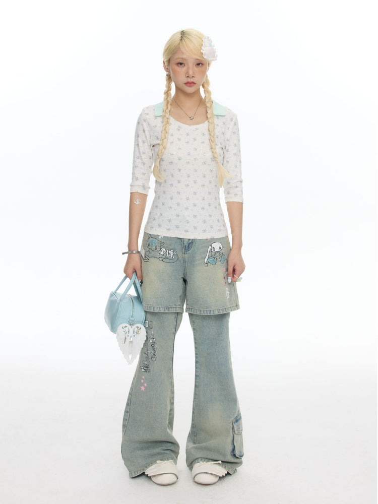 Jacquard Knitted Color-Blocked Floral Mint Green Embroidered Mid-Sleeve Tops【s0000017784】