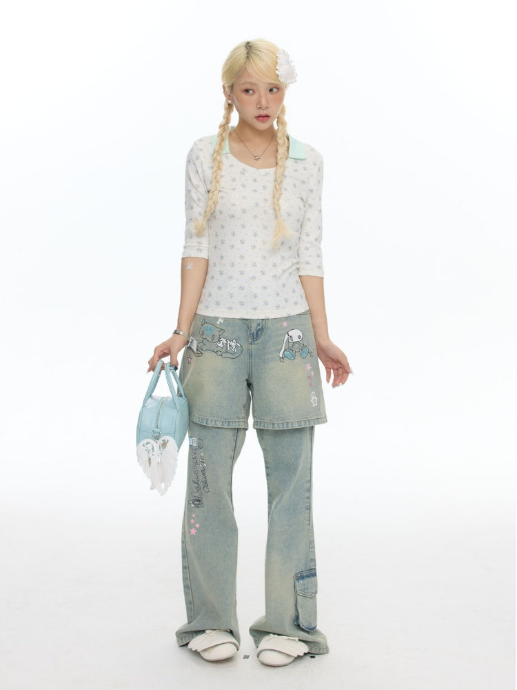 Jacquard Knitted Color-Blocked Floral Mint Green Embroidered Mid-Sleeve Tops【s0000017784】