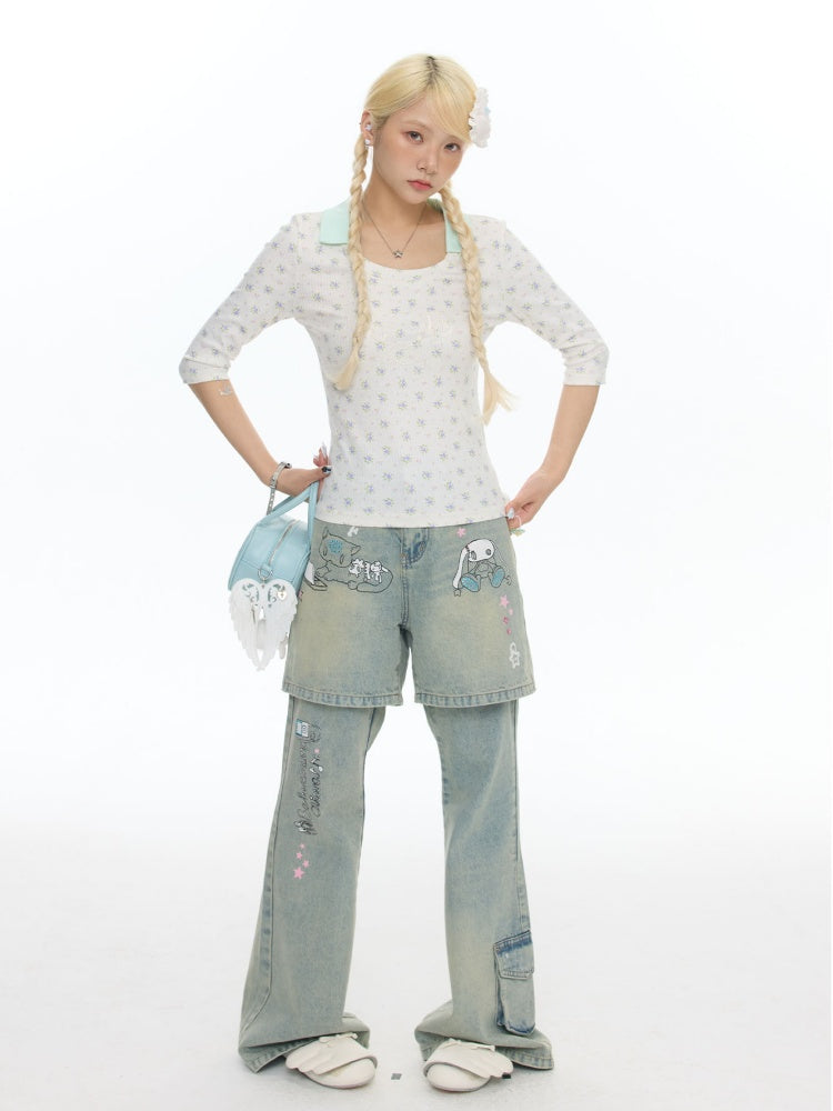 Jacquard Knitted Color-Blocked Floral Mint Green Embroidered Mid-Sleeve Tops【s0000017784】