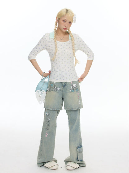 Jacquard Knitted Color-Blocked Floral Mint Green Embroidered Mid-Sleeve Tops【s0000017784】