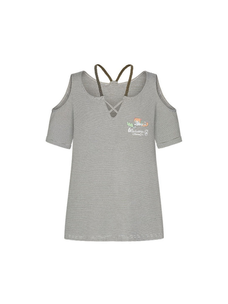 Vintage Green Shoulder Woven Rope Striped Kitten Short-Sleeve T-Shirt【s0000017786】