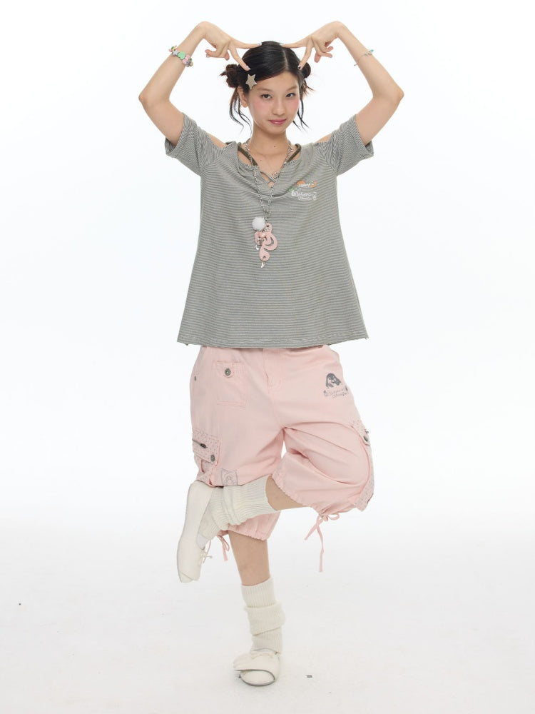 Vintage Green Shoulder Woven Rope Striped Kitten Short-Sleeve T-Shirt【s0000017786】