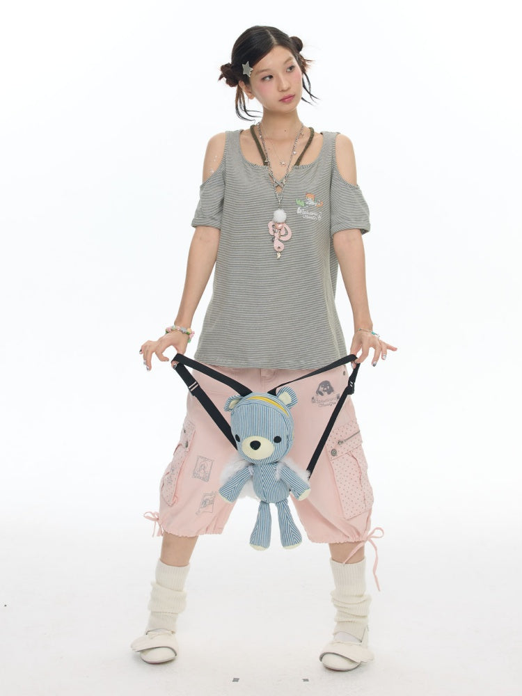 Vintage Green Shoulder Woven Rope Striped Kitten Short-Sleeve T-Shirt【s0000017786】
