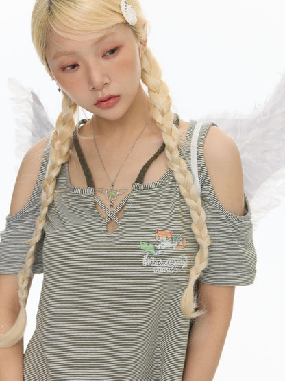 Vintage Green Shoulder Woven Rope Striped Kitten Short-Sleeve T-Shirt【s0000017786】