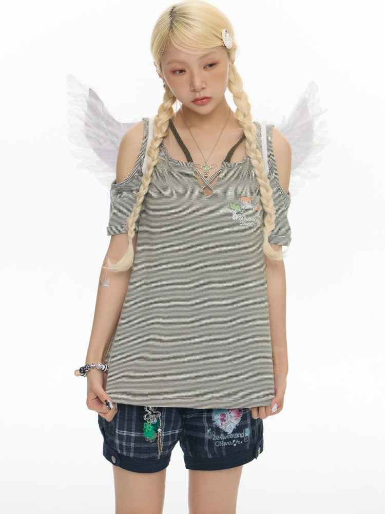 Vintage Green Shoulder Woven Rope Striped Kitten Short-Sleeve T-Shirt【s0000017786】