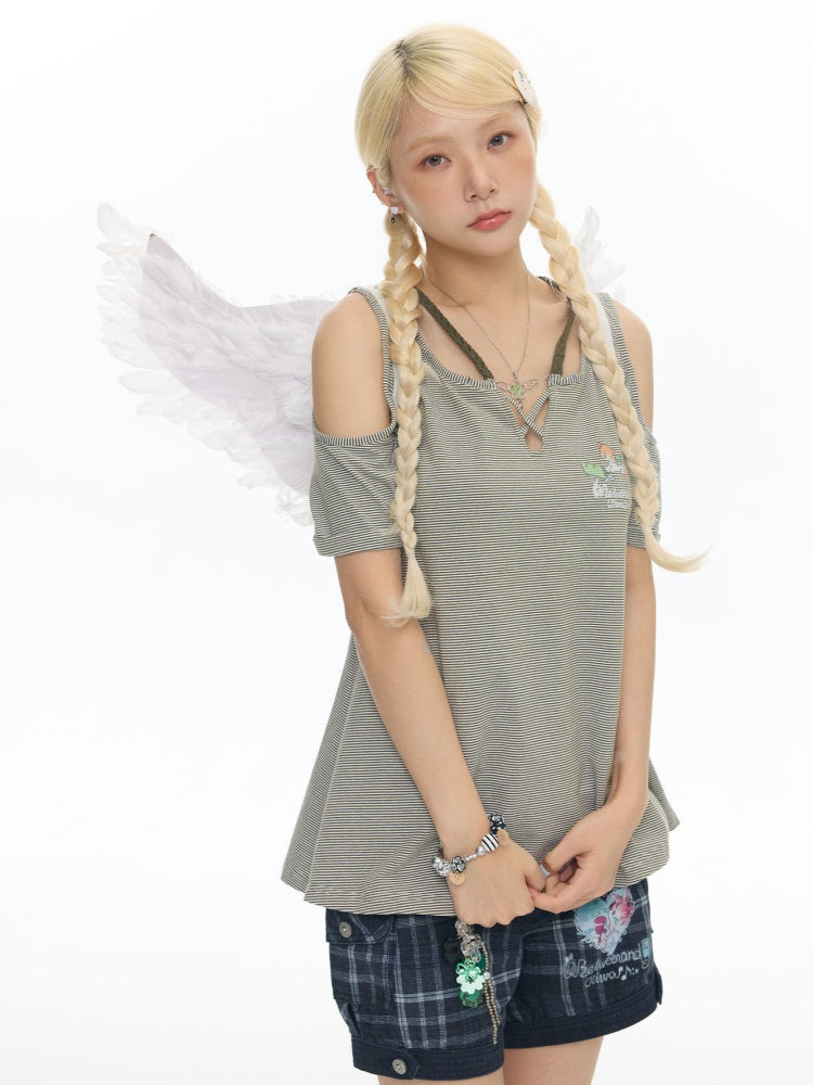 Vintage Green Shoulder Woven Rope Striped Kitten Short-Sleeve T-Shirt【s0000017786】