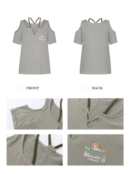 Vintage Green Shoulder Woven Rope Striped Kitten Short-Sleeve T-Shirt【s0000017786】