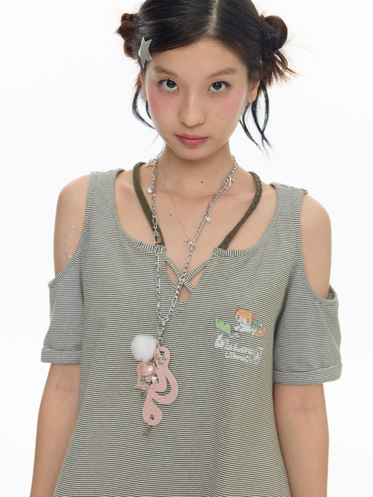 Vintage Green Shoulder Woven Rope Striped Kitten Short-Sleeve T-Shirt【s0000017786】