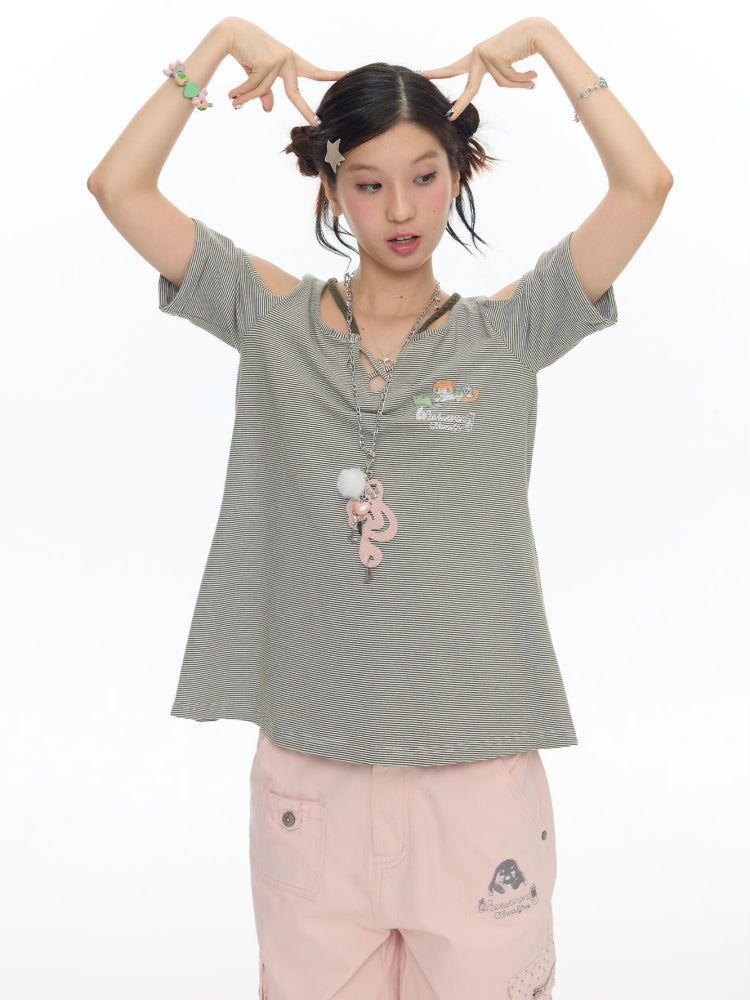 Vintage Green Shoulder Woven Rope Striped Kitten Short-Sleeve T-Shirt【s0000017786】