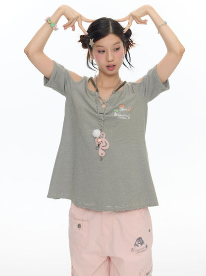 Vintage Green Shoulder Woven Rope Striped Kitten Short-Sleeve T-Shirt【s0000017786】