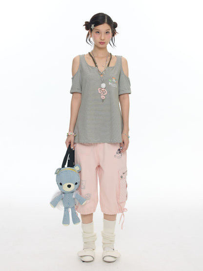 Vintage Green Shoulder Woven Rope Striped Kitten Short-Sleeve T-Shirt【s0000017786】