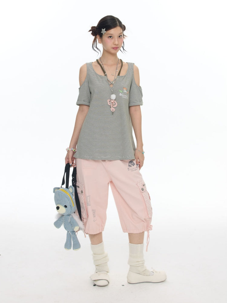 Vintage Green Shoulder Woven Rope Striped Kitten Short-Sleeve T-Shirt【s0000017786】